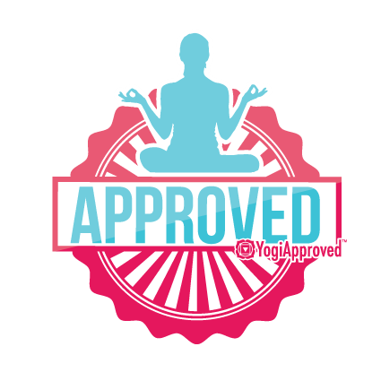 blue outline of a person in a yoga pose with APPROVED by Yogi Approved TEXT