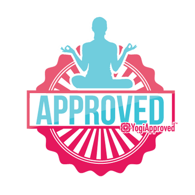 blue outline of a person in a yoga pose with APPROVED by Yogi Approved TEXT
