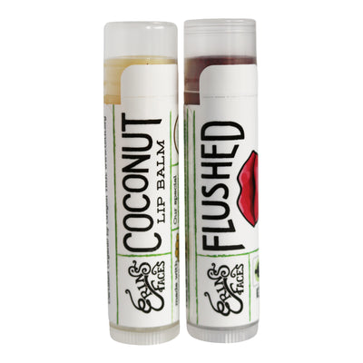 coconut lip balm - clear - and tinted lip balm in flushed with red mouth on tube from erin's faces
