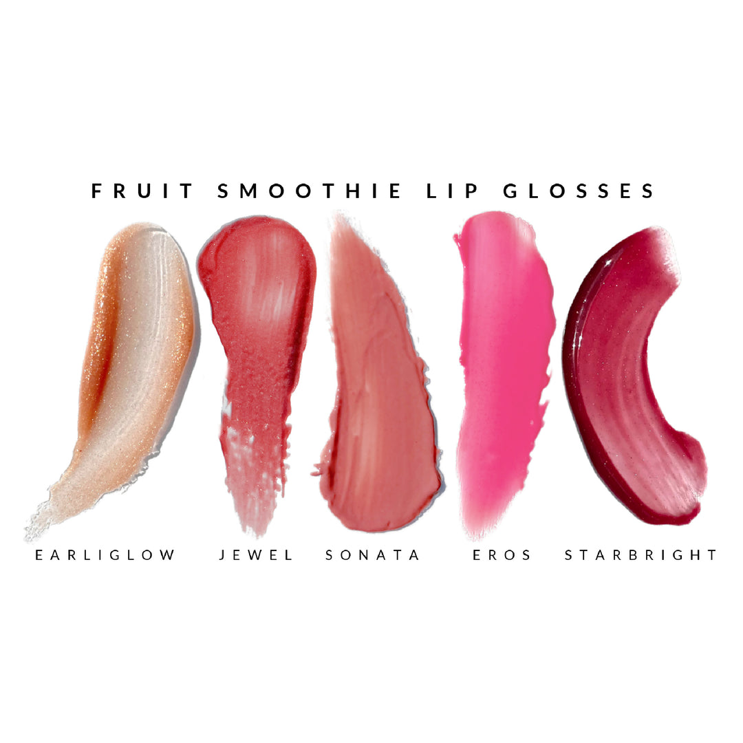 fruit smoothie lip gloss swatches in five shades - a shimmering peach sheer, strawberry red, pinky brown, bright pink, berry with names Earliglow, Jewel, Sonata, Eros and Starbright