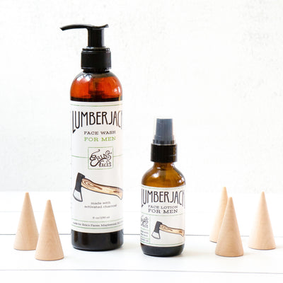 lumberjack face wash and face lotion for men next to wooden trees