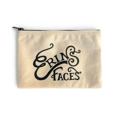 natural canvas makeup pouch with black zip and black erin's faces logo