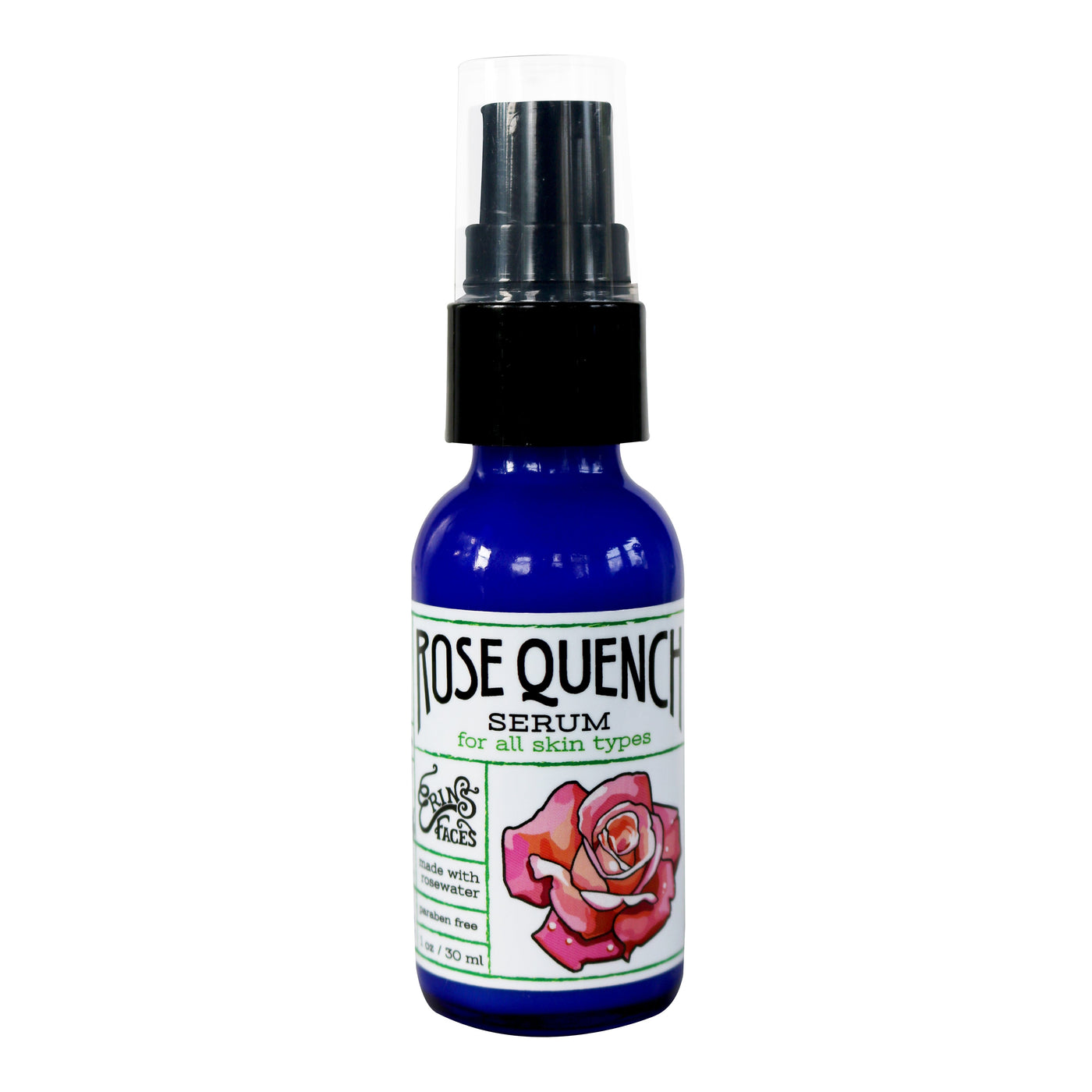 Rose quench serum skincare product in 1 oz blue bottle with black top with white label wrapped around