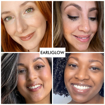 4 women of various skintones wearing the fruit smoothie lip gloss shade from erin's faces of earliglow