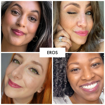 4 women of various skintones wearing the fruit smoothie lip gloss shade from erin's faces of eros