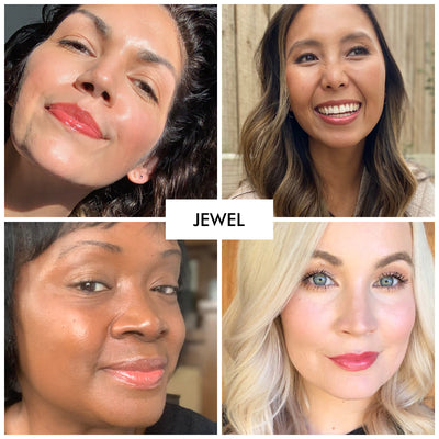 4 women of various skintones wearing the fruit smoothie lip gloss shade from erin's faces of jewel