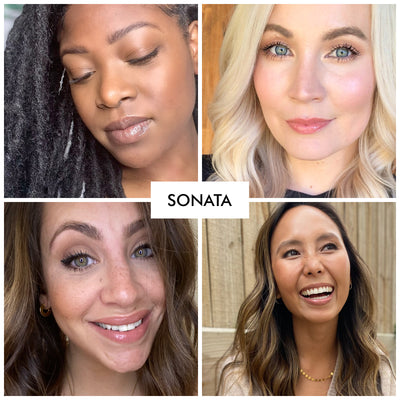 4 women of various skintones wearing the fruit smoothie lip gloss shade from erin's faces of sonata