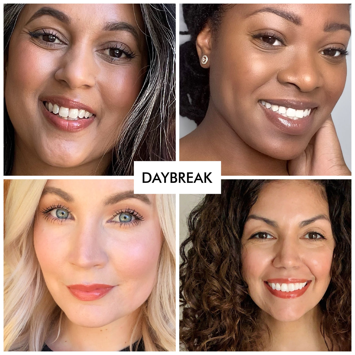 4 women of various skintones wearing the fruit smoothie lip gloss shade from erin's faces of daybreak