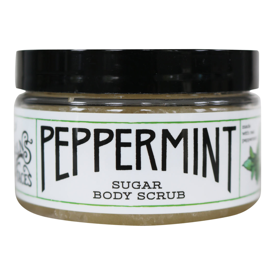 a closed 8oz container of the peppermint sugar body scrub skincare product