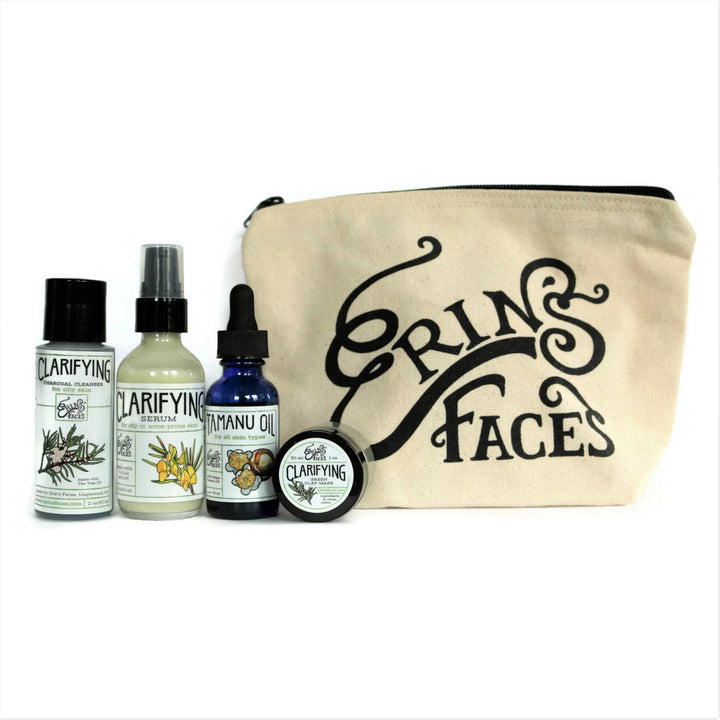 travel size cleanser, serum, oil and clay mask in a cream bag