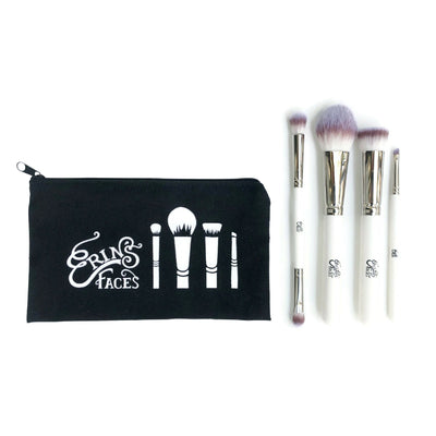 set of the double concealer brush, powder brush, foundation brush, eyeliner brush and brush bag