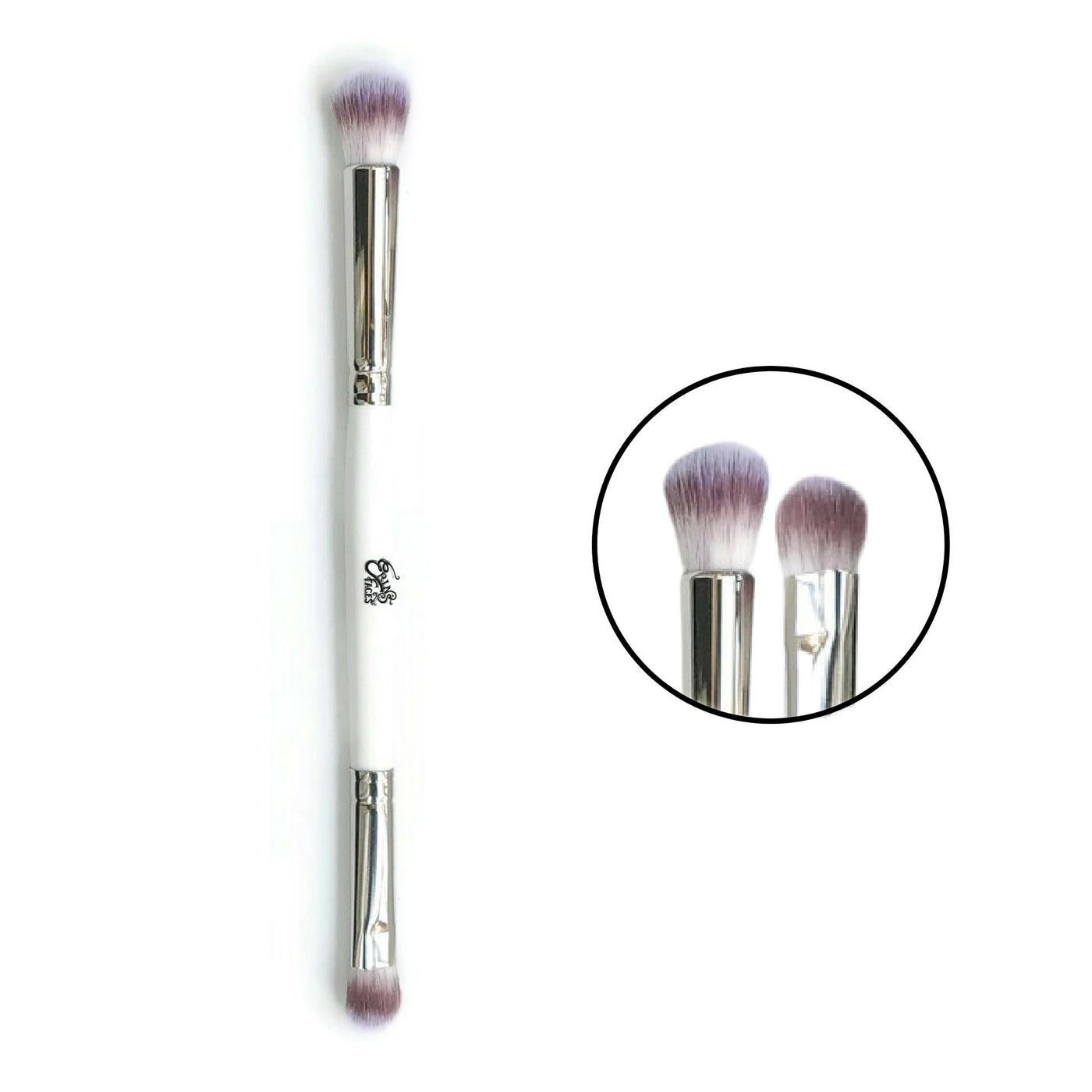 the double concealer brush with a magnified photo of the two brush heads