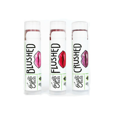 erin's faces tinted lip balms in crushed, flushed and blushed 