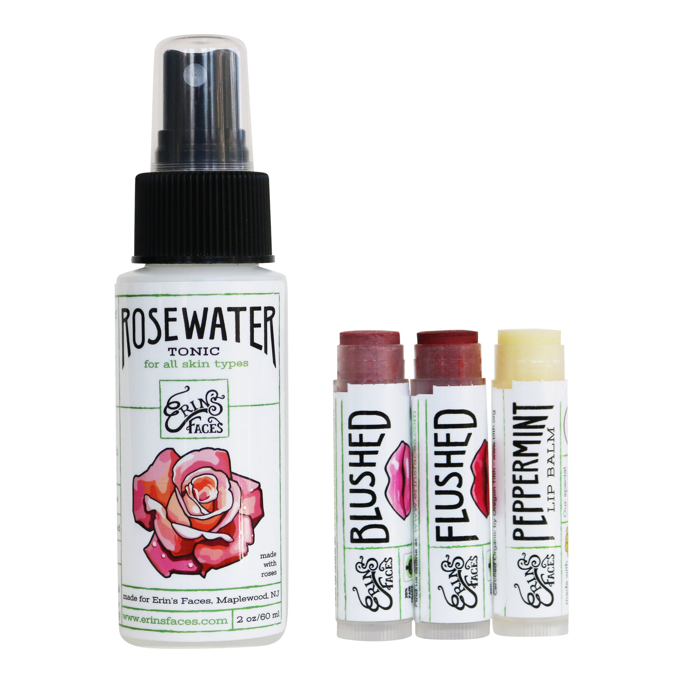 set of the rosewater toner, tinted lip balm color blushed and flushed, and organic peppermint lip balm