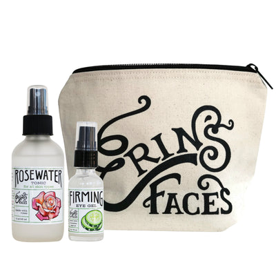 The 4oz rosewater toner and the firming eye gel next to the erin's faces makeup bag