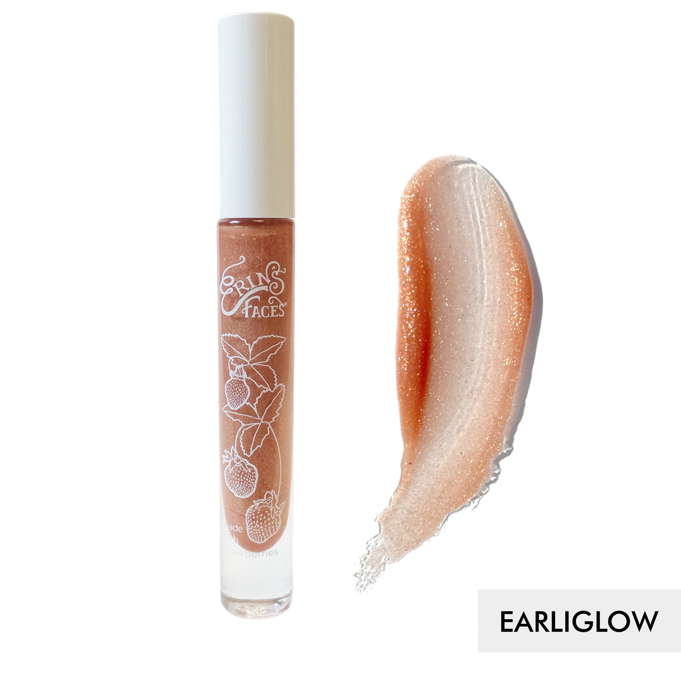 erin's faces fruit smoothie lip gloss bottle and swatch against white background of the shade earliglow
