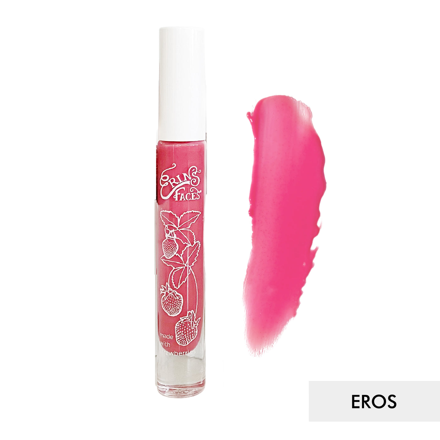 erin's faces fruit smoothie lip gloss bottle and swatch against white background of the shade eros