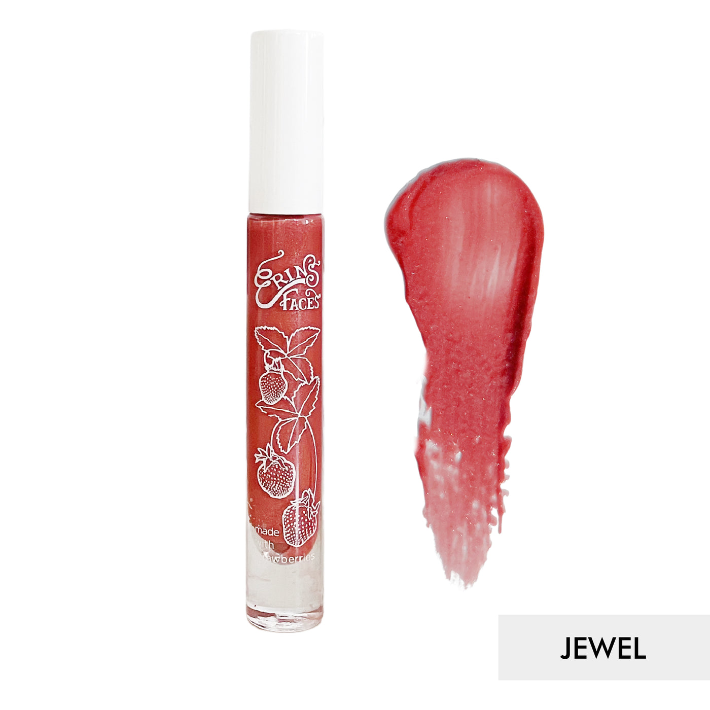 erin's faces fruit smoothie lip gloss bottle and swatch against white background of the shade jewel