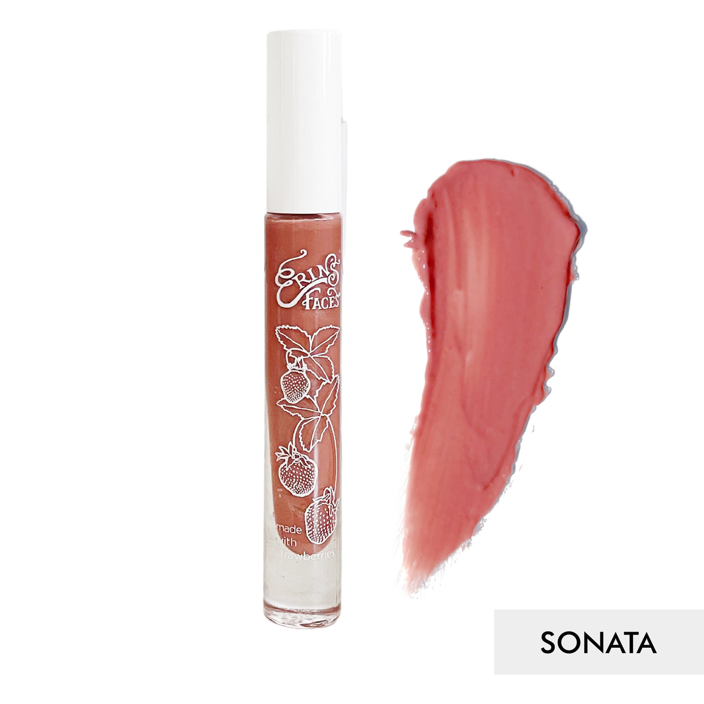 erin's faces fruit smoothie lip gloss bottle and swatch against white background of the shade sonata
