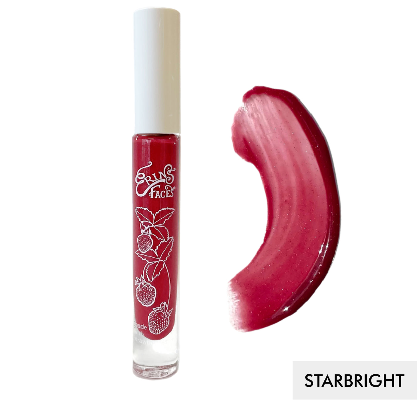 erin's faces fruit smoothie lip gloss bottle and swatch against white background of the shade starbright