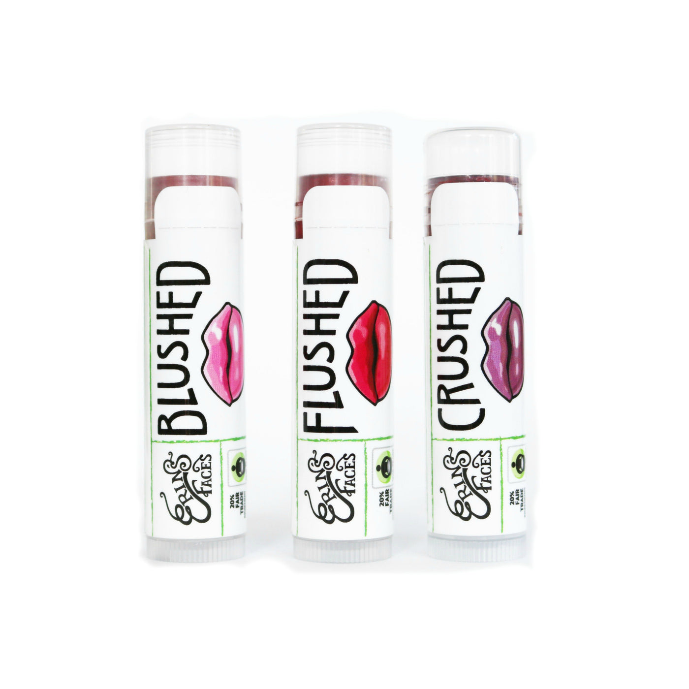 set of hydration tinted lip balm makeup in colors crushed, blushed and flushed