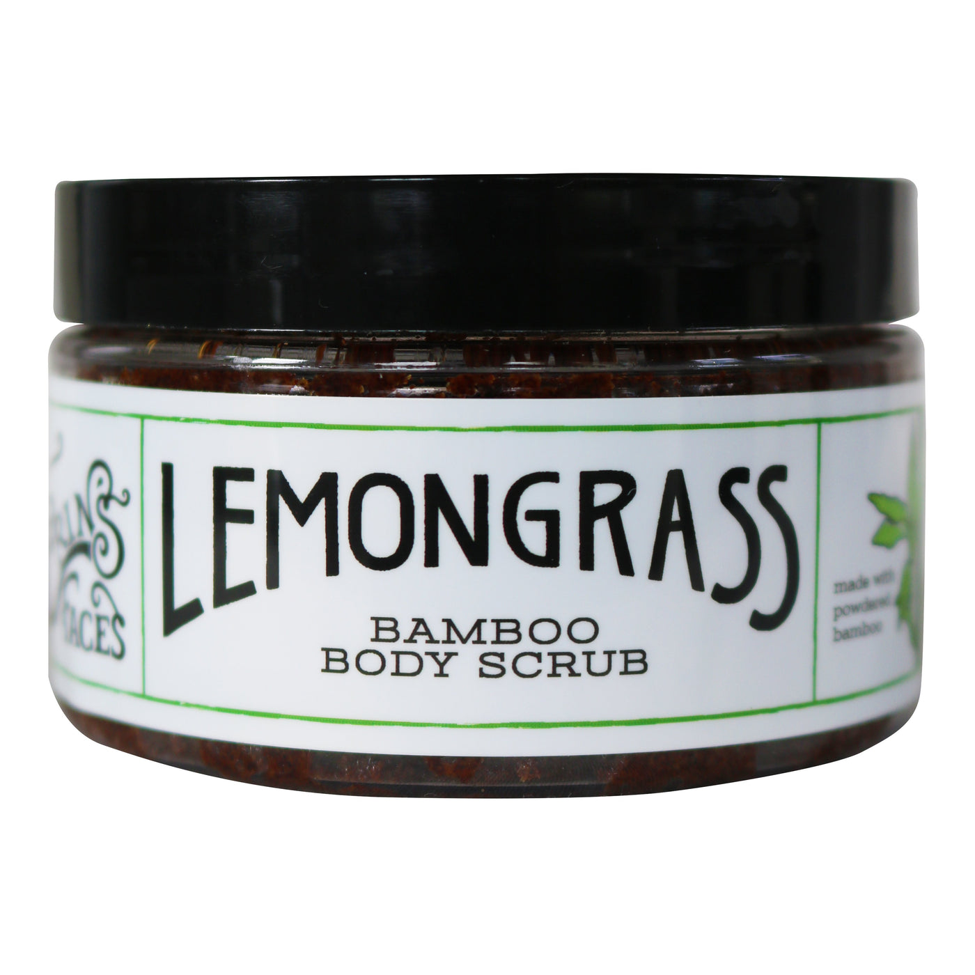 revitalizing body scrub in the scent lemongrass inside a 4oz closed container