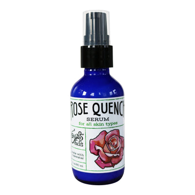 Rose quench serum vegan skincare product  in 1 oz blue bottle wrapped in a white label