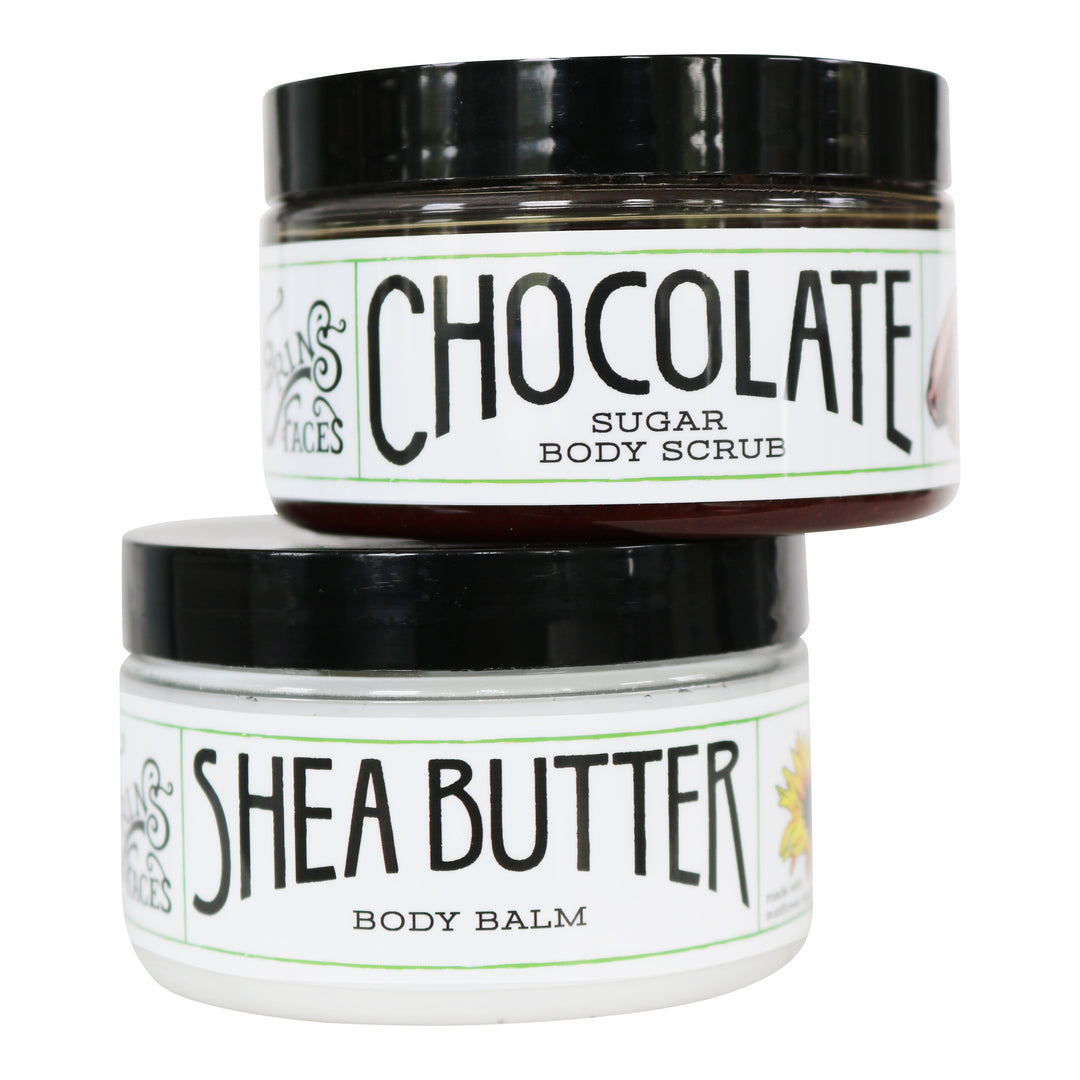 closed 4oz containers of one shea butter body balm moisturizer and one chocolate sugar body