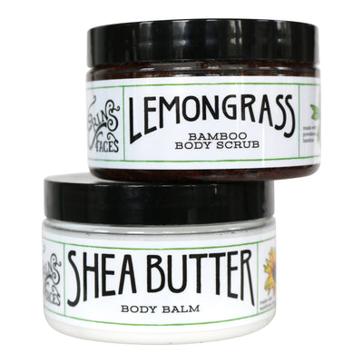 the lemongrass bamboo body scrub exfoliator on top of the shea butter body moisturizer container