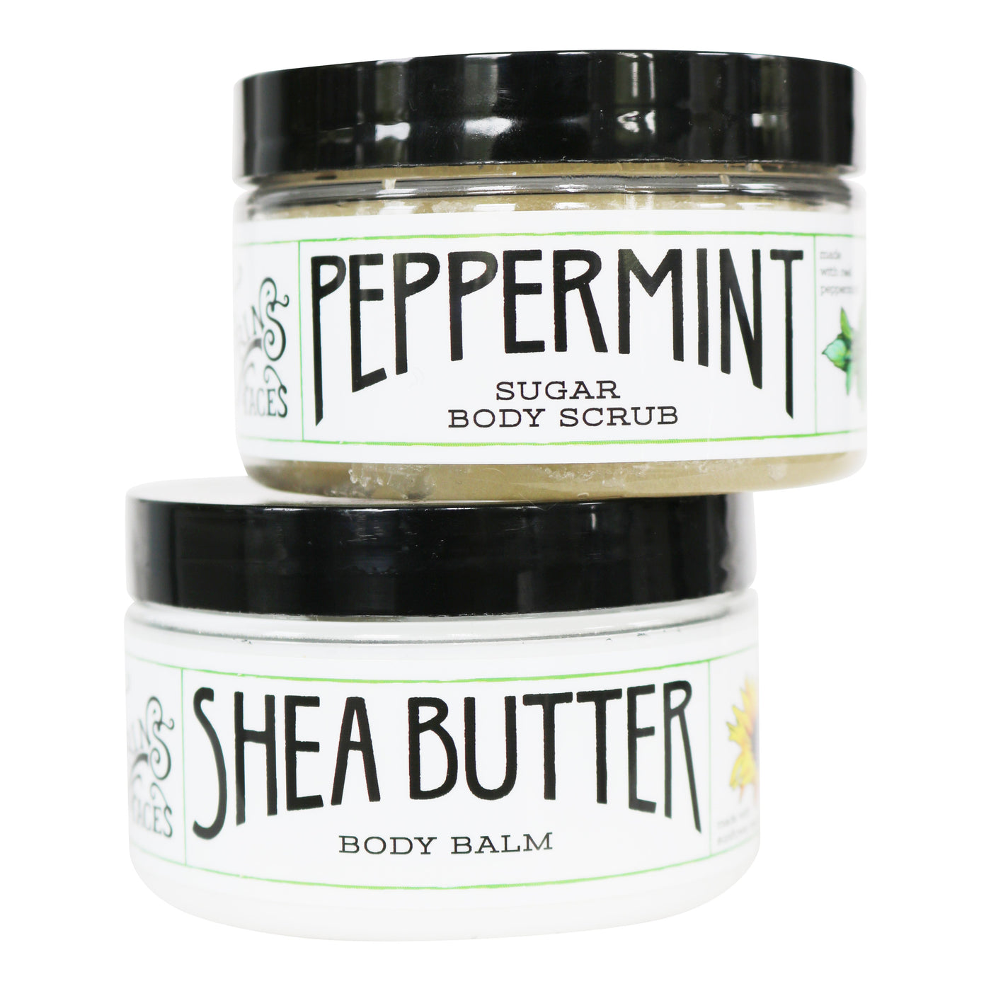 4oz peppermint sugar body scrub on top of the 4oz shea butter body balm in closed containers