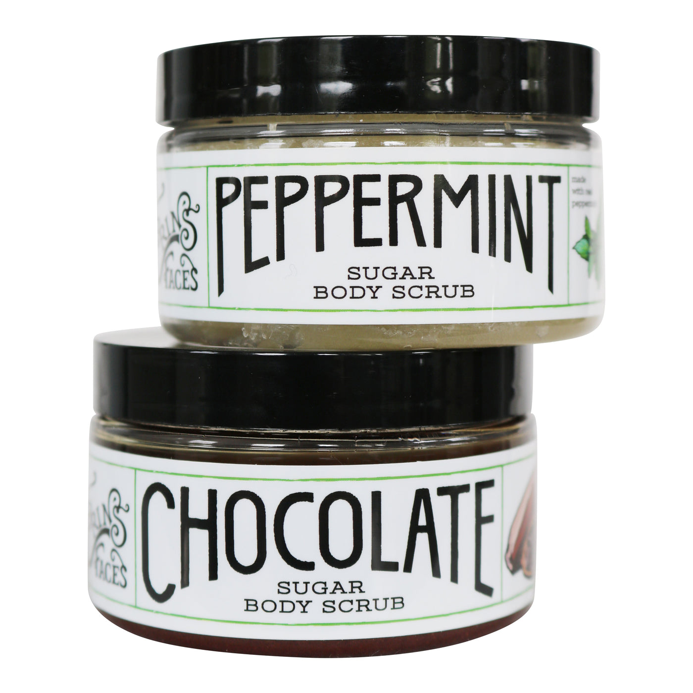 The peppermint sugar body scrub and chocolate sugar body scrub in 4oz closer containers