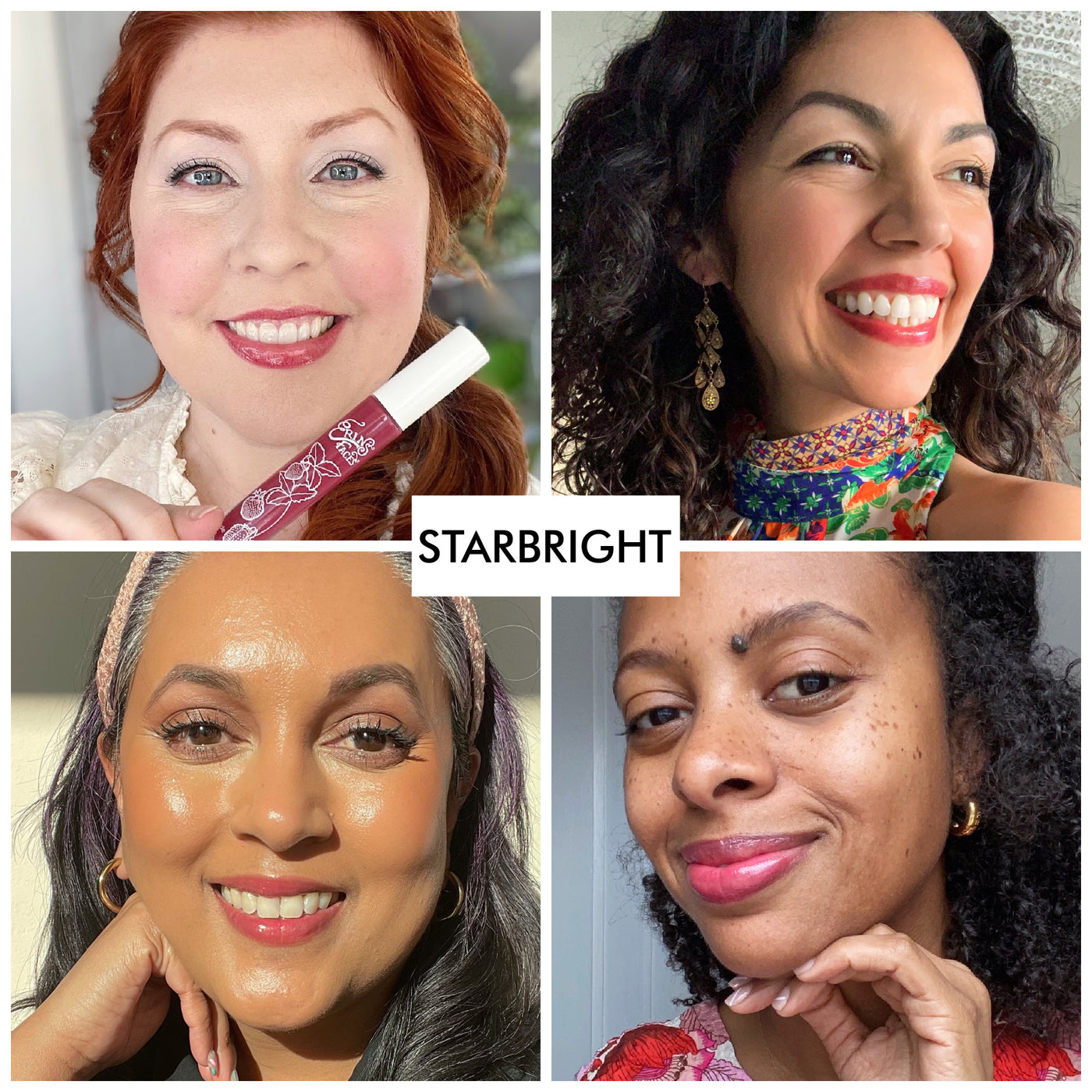 4 women of various skintones wearing the fruit smoothie lip gloss shade from erin's faces of starbright